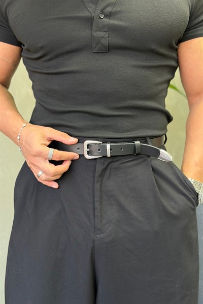 PREMİUM GÜMÜŞ TOKALI   DERİ KEMER SİYAH