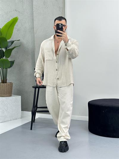 Premium Ham Keten Gömlek Krem