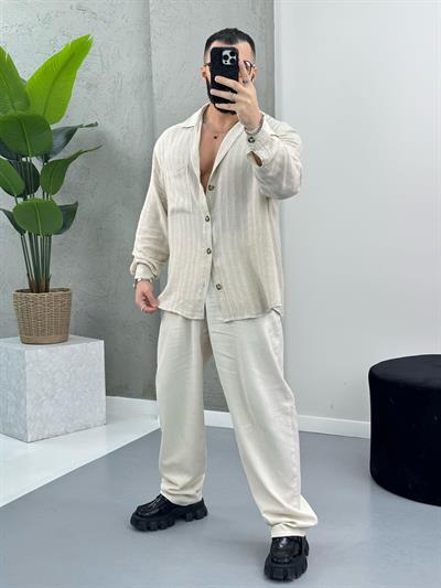 Premium Ham Keten Gömlek Krem