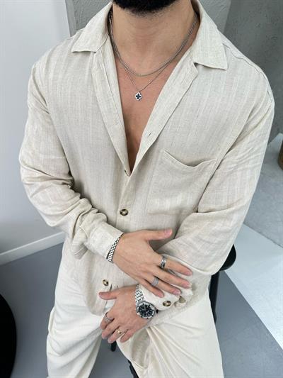 Premium Ham Keten Gömlek Krem