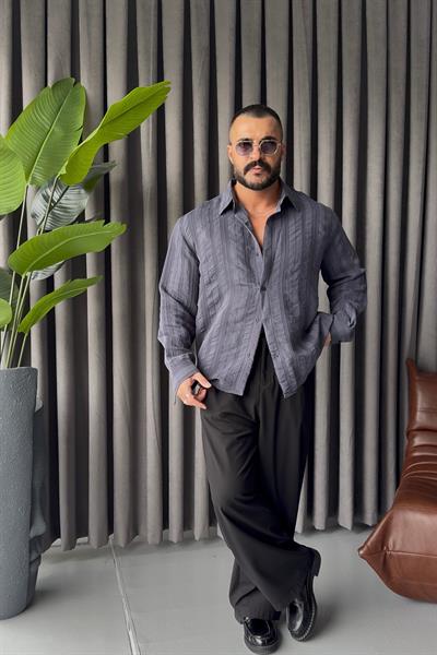 PREMİUM KENDİNDEN DESENLİ OVERSİZE GÖMLEK LACİVERT