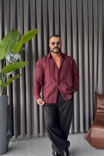 PREMİUM KENDİNDEN DESENLİ OVERSİZE GÖMLEK BORDO