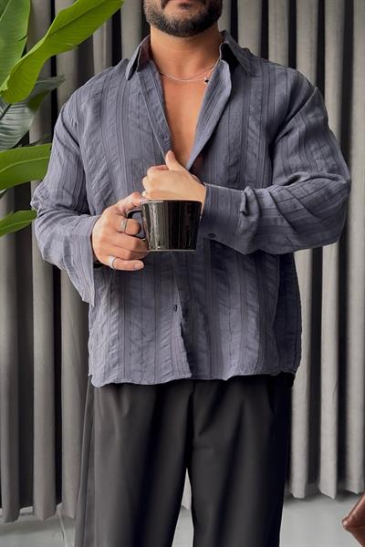 PREMİUM KENDİNDEN DESENLİ OVERSİZE GÖMLEK LACİVERT