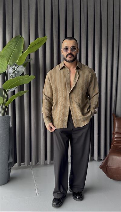 PREMİUM KENDİNDEN DESENLİ OVERSİZE GÖMLEK HAKİ