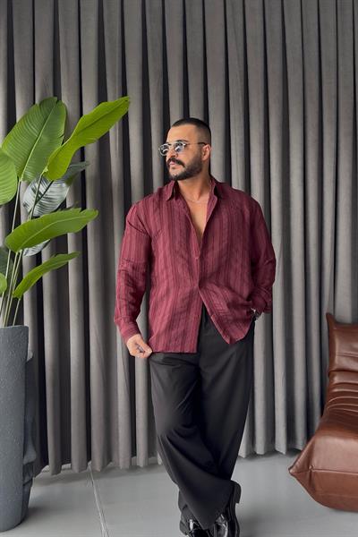 PREMİUM KENDİNDEN DESENLİ OVERSİZE GÖMLEK BORDO