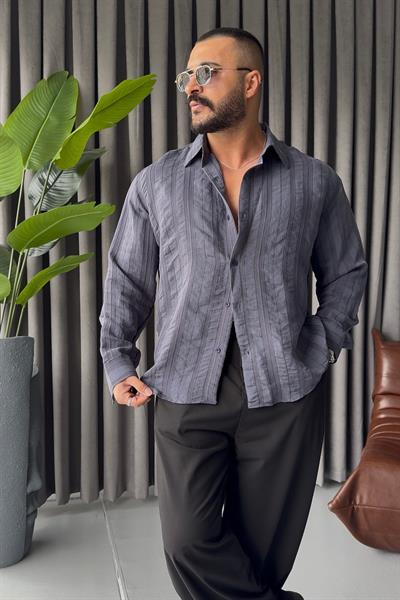 PREMİUM KENDİNDEN DESENLİ OVERSİZE GÖMLEK LACİVERT