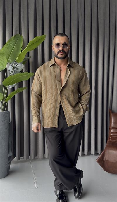 PREMİUM KENDİNDEN DESENLİ OVERSİZE GÖMLEK HAKİ