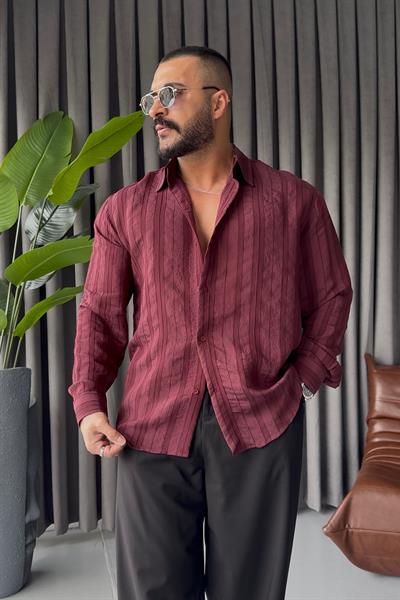 PREMİUM KENDİNDEN DESENLİ OVERSİZE GÖMLEK BORDO