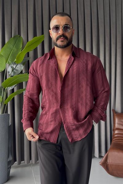 PREMİUM KENDİNDEN DESENLİ OVERSİZE GÖMLEK BORDO