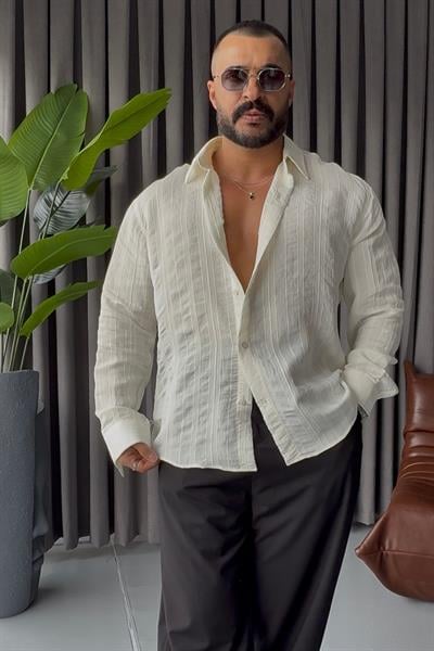 PREMİUM KENDİNDEN DESENLİ OVERSİZE GÖMLEK BEYAZ