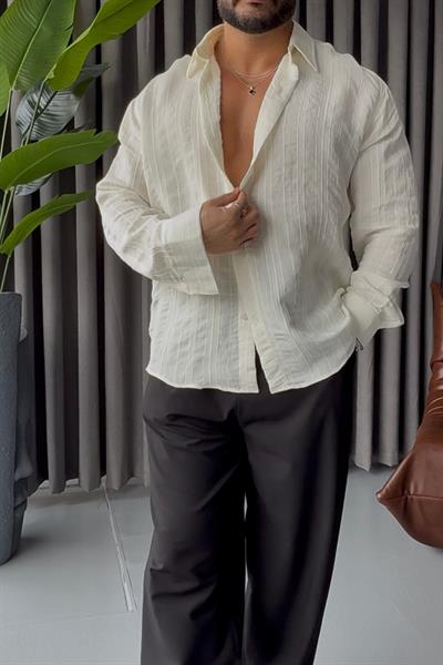 PREMİUM KENDİNDEN DESENLİ OVERSİZE GÖMLEK BEYAZ