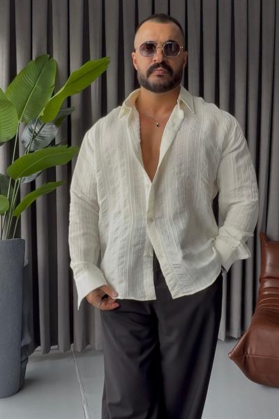 PREMİUM KENDİNDEN DESENLİ OVERSİZE GÖMLEK BEYAZ