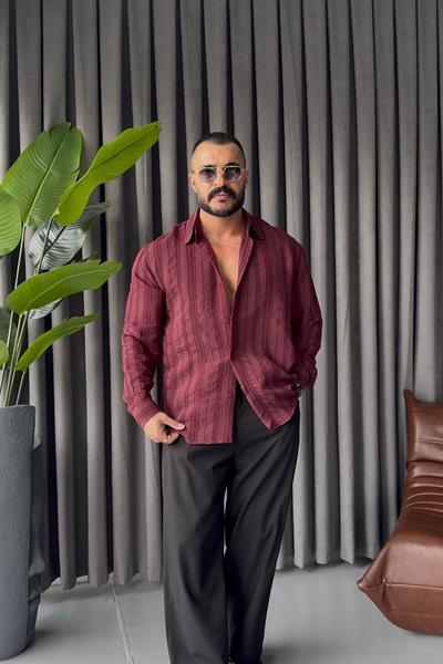 PREMİUM KENDİNDEN DESENLİ OVERSİZE GÖMLEK BORDO