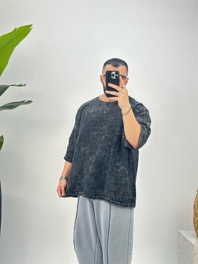 Premium Kumaş Fakir Kol T-Shirt Füme