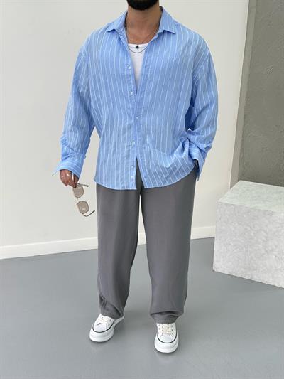 Premium Oversize Çizgili Gömlek Bebe Mavisi
