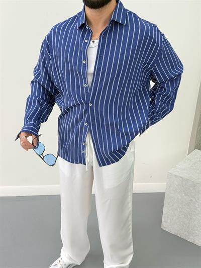 Premium Oversize Çizgili Gömlek Lacivert