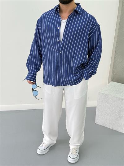 Premium Oversize Çizgili Gömlek Lacivert