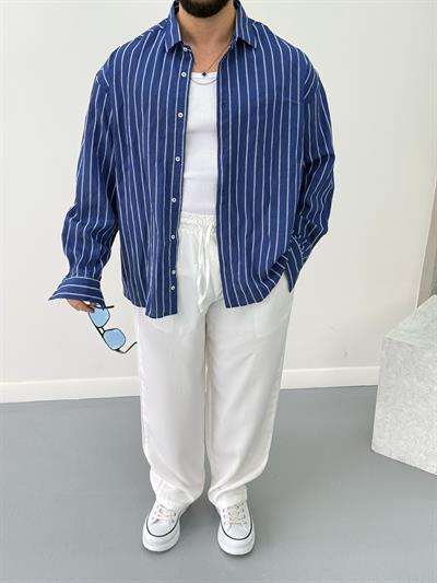 Premium Oversize Çizgili Gömlek Lacivert