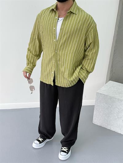 Premium Oversize Çizgili Gömlek Yeşil