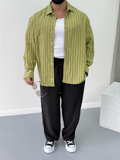 Premium Oversize Çizgili Gömlek Yeşil