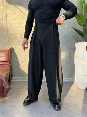 PREMIUM SERİ KEMER DETAYLI KORE KESİM PANTOLON SİYAH