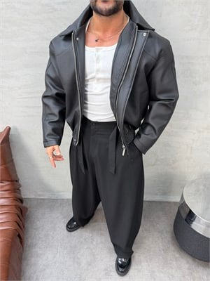 PREMIUM SERİ OVERSIZE YIKAMALI DERİ MONT SİYAH