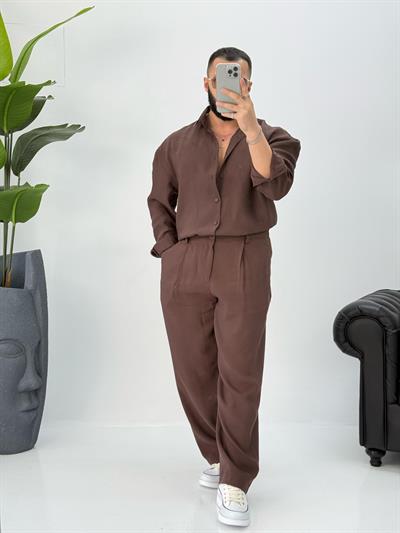 Premium Tensel Kumaş Takım Koyu Kahve