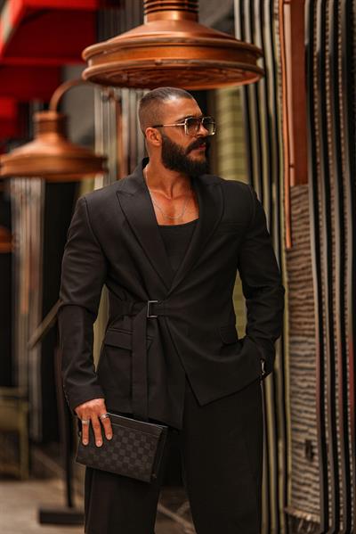 RELAX FİT KEMER DETAYLI SİYAH TAKIM 