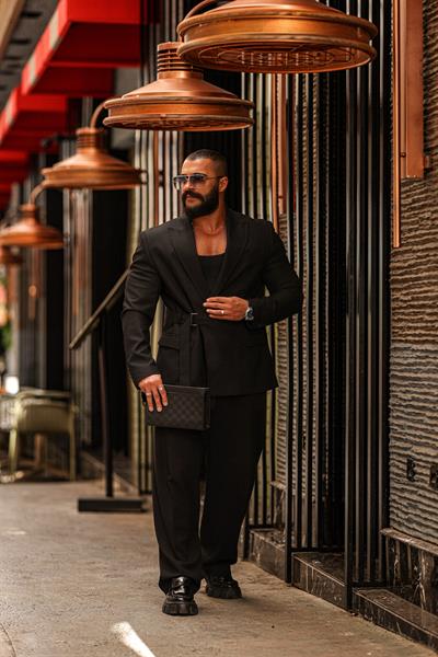 RELAX FİT KEMER DETAYLI SİYAH TAKIM 