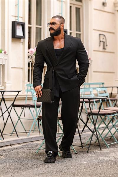 RELAX FİT KEMER DETAYLI SİYAH TAKIM 