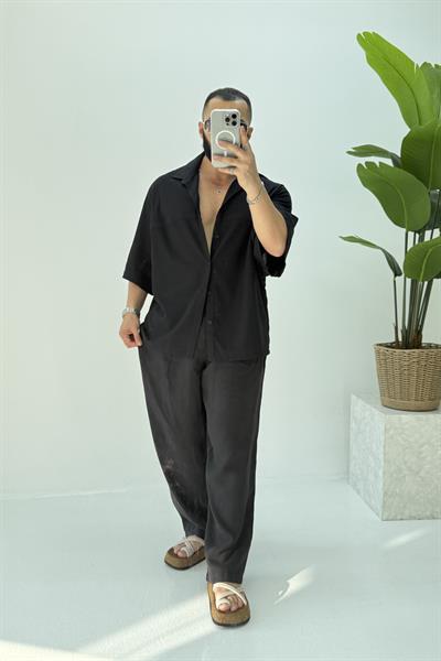 ŞERİT DETAYLI KISA KOLLU OVERSİZE GÖMLEK SİYAH