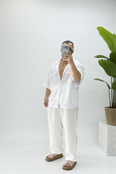 ŞERİT DETAYLI KISA KOLLU OVERSİZE GÖMLEK BEYAZ