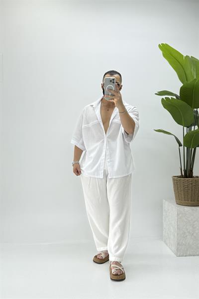 ŞERİT DETAYLI KISA KOLLU OVERSİZE GÖMLEK BEYAZ