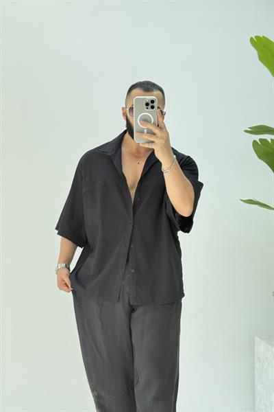 ŞERİT DETAYLI KISA KOLLU OVERSİZE GÖMLEK SİYAH