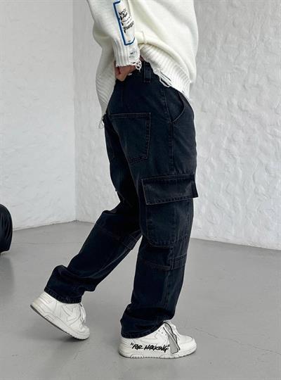 Siyah Baggy Kargo Cep Jeans