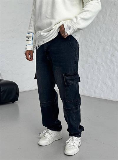 Siyah Baggy Kargo Cep Jeans