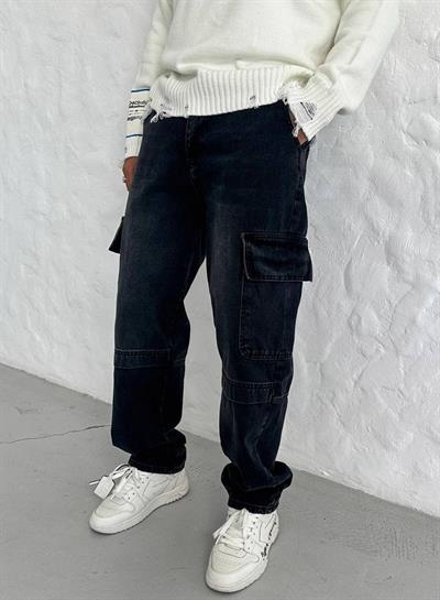 Siyah Baggy Kargo Cep Jeans