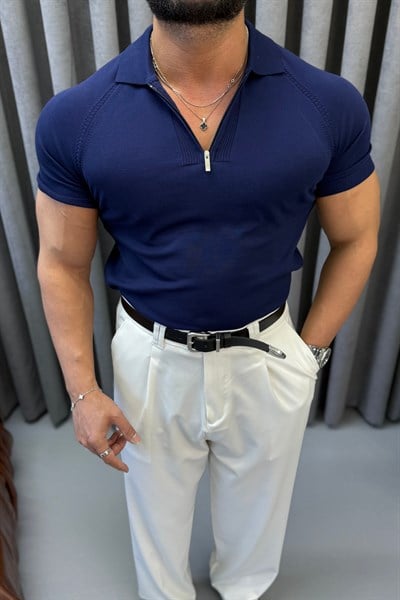 SLİMFİT REGLAN KOL FERMUARLI POLO YAKA LACİVERT