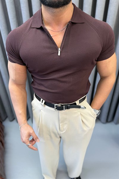 SLİMFİT REGLAN KOL FERMUARLI POLO YAKA KAHVERENGİ