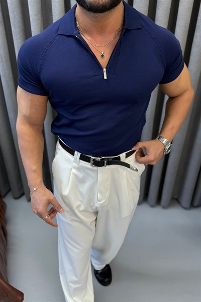 SLİMFİT REGLAN KOL FERMUARLI POLO YAKA LACİVERT