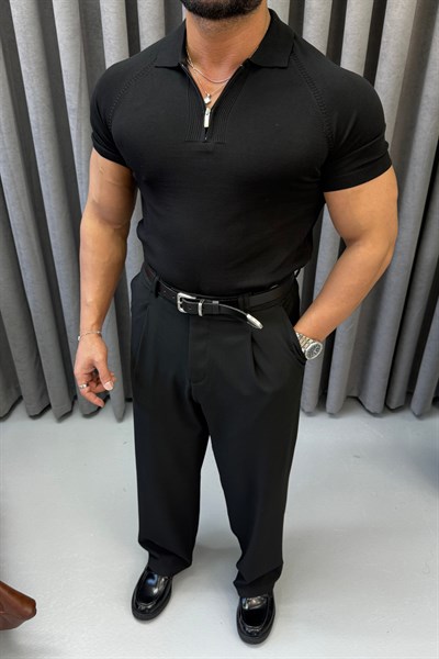 SLİMFİT REGLAN KOL FERMUARLI POLO YAKA SİYAH