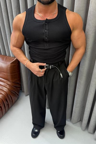 SLİMFİT ÜÇ DÜĞMELİ ATLET SİYAH