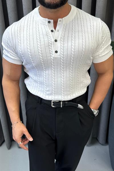 YAM PATLI DÜĞMELİ TRİKO BEYAZ