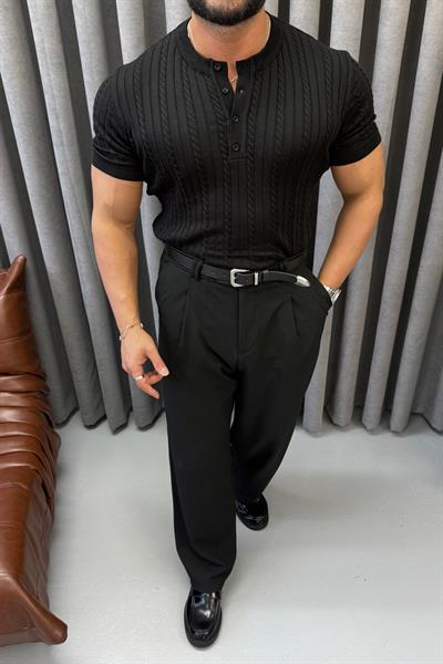 YAM PATLI DÜĞMELİ TRİKO SİYAH