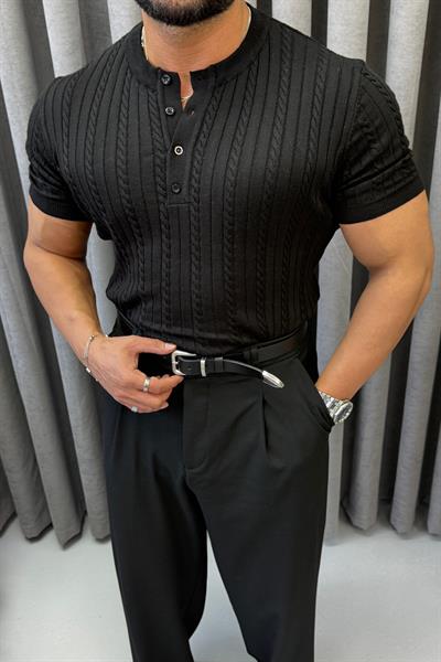 YAM PATLI DÜĞMELİ TRİKO SİYAH