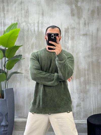 Yeşil Yıkamalı Oversize Yırtık Detaylı Kazak