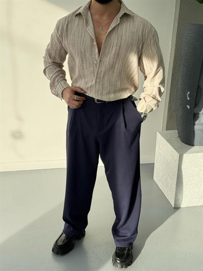 Yıkamalı Kumaş Kendinden Desenli Gömlek Krem