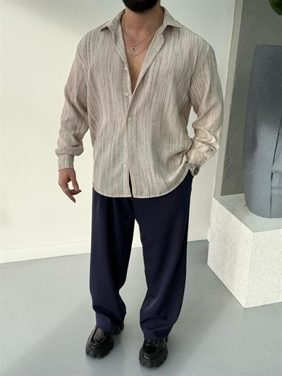 Yıkamalı Kumaş Kendinden Desenli Gömlek Krem