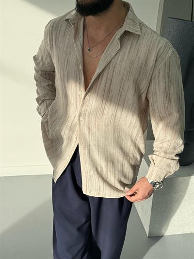 Yıkamalı Kumaş Kendinden Desenli Gömlek Krem