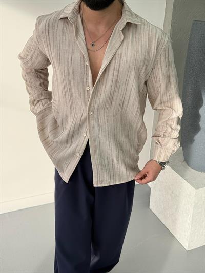 Yıkamalı Kumaş Kendinden Desenli Gömlek Krem